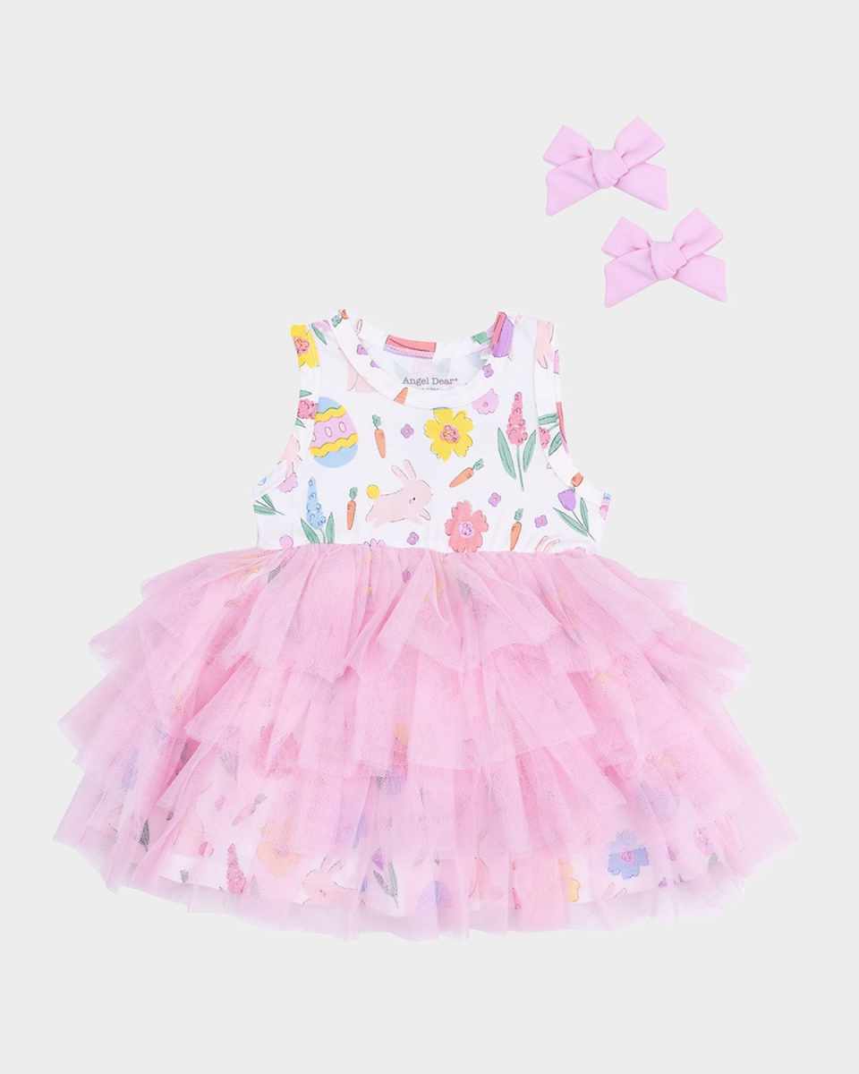 Girl's Easter Bunnies Twirly Tank Tutu Dress W/ Hair Clips, Size 6M-3